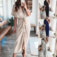 50 hot sales office lady maxi dress turn down collar ruched solid color short sleeve buttons belt dress for party