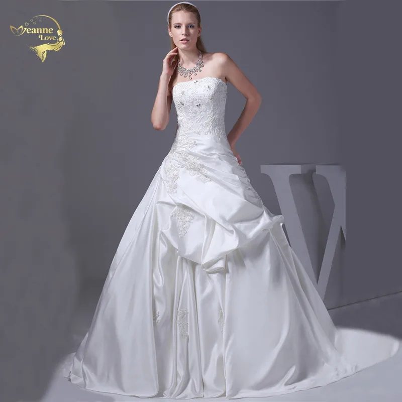 Жанна любовь элегантные атласные свадебные платья Lace аппликации бисера Robe De Mariage