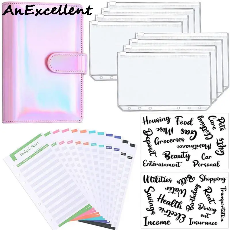 

A6 Notebook Binder Budget Planner Organizer Cover Pockets Cash Wallet Book 8 Pcs Zipper Envelopes12 Pcs Expense Budget Sheets