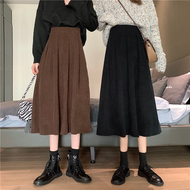 

Vintage Corduroy Autumn Skirts Women High Elastic Waist Zipper Long Midi Skirt A-Line Harajuku Winter Pleated Skirt New M282