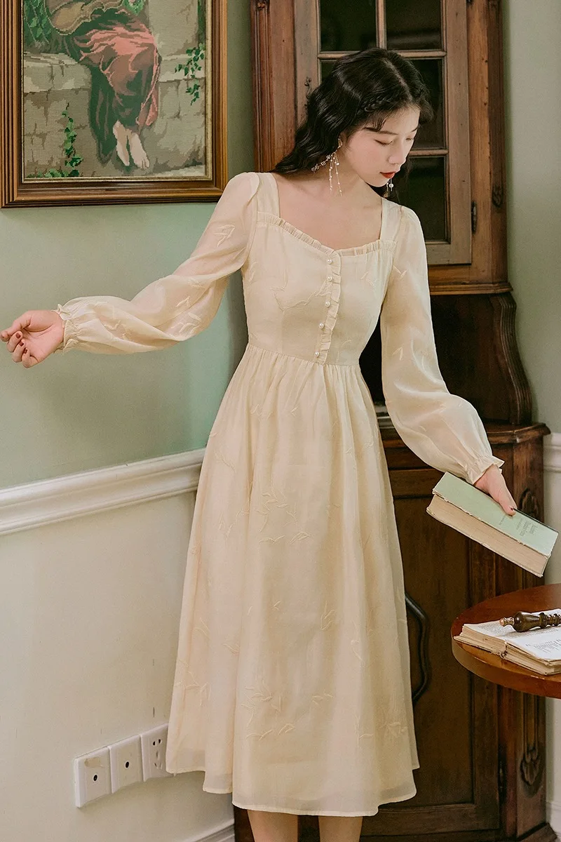 

Midi Dress Women French Elegant Vintage Square Collar Long Puff Sleeve Party Chic Retro Dress Korean 2021 Spring Summer Clothing