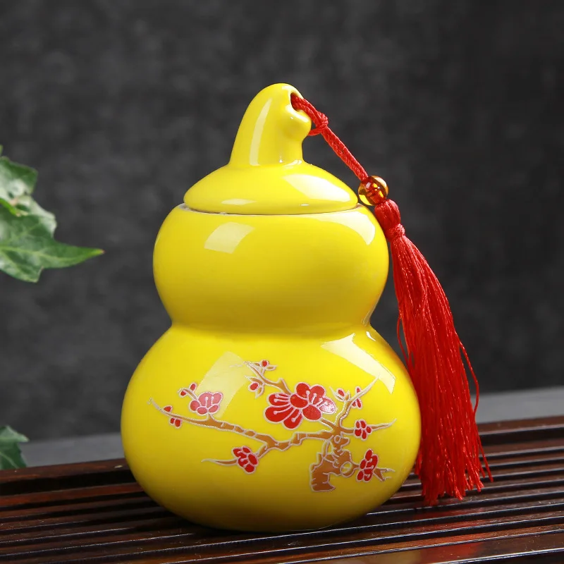 F Wintersweet Yellow Cucurbit Tea Caddy Ceramic Tea Box Gift Tea Leaf Packing Box Coffee Bean Sealed Canister Pills Face Powder Storage Jar - Цвет: F Wintersweet Yellow
