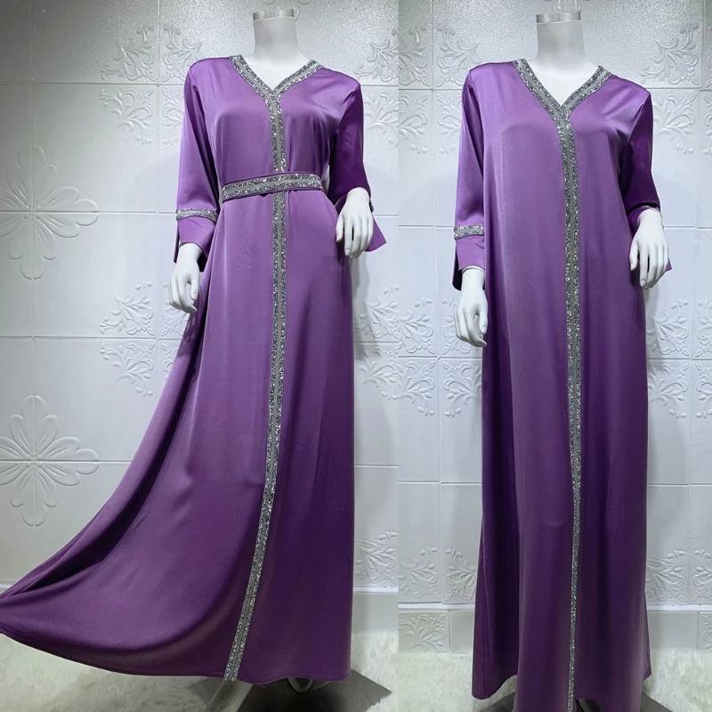 

Women Muslim Satin Maxi Dress Rhinestone Belted Turkey Arabic V-Neck Kaftan Robe C6UD