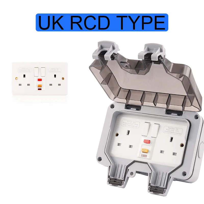 

IP66 Weatherproof RCD TYPE Waterproof Outdoor Wall Socket With Switch 13A Plug Power Double Outlet Panel Switch UK Standard