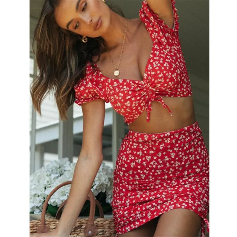 

Women boho clothing summer short sleeve crop top short min skirt 2 piece set for female women puff sleeve two pieces sets 2021