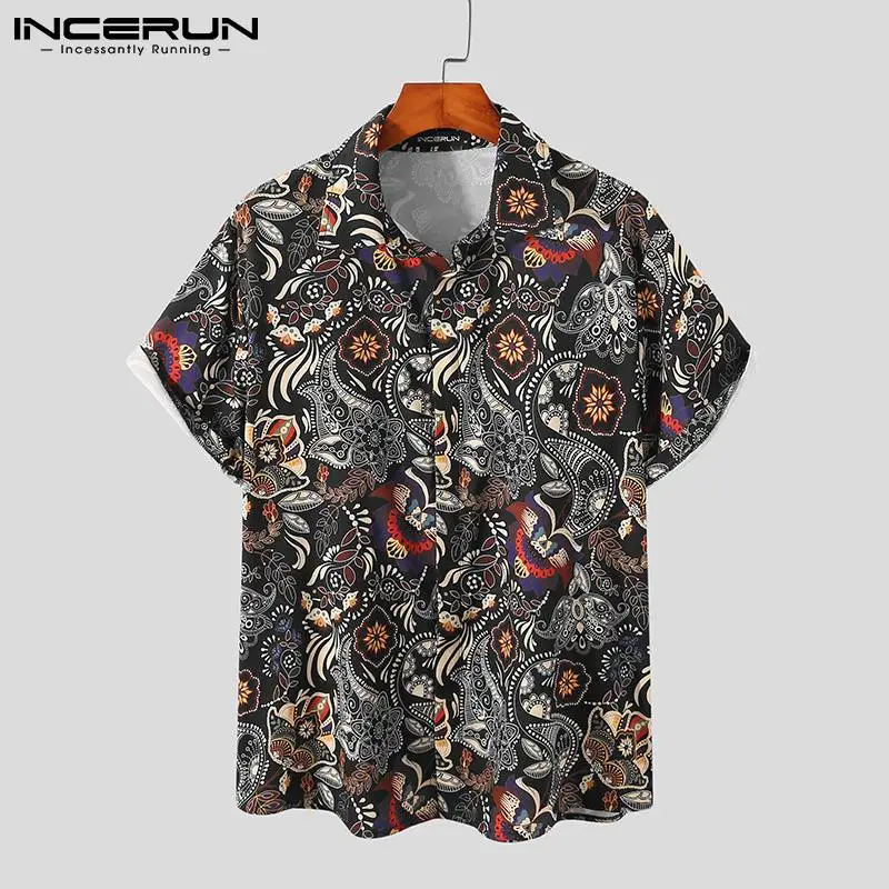 

INCERUN Summer Men Printed Shirt Turn Down Collar Short Sleeve Breathable Streetwear Leisure Hawaiian Shirts Retro Camisas 2021