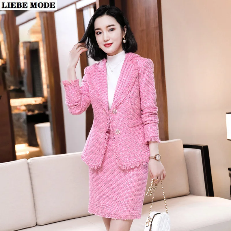 

Autumn Winter Tweed Suit Women Elegant 2 Two Piece Skirt Suits Office Ladies Jacket Coat +High Waist Short Skirt Pink White