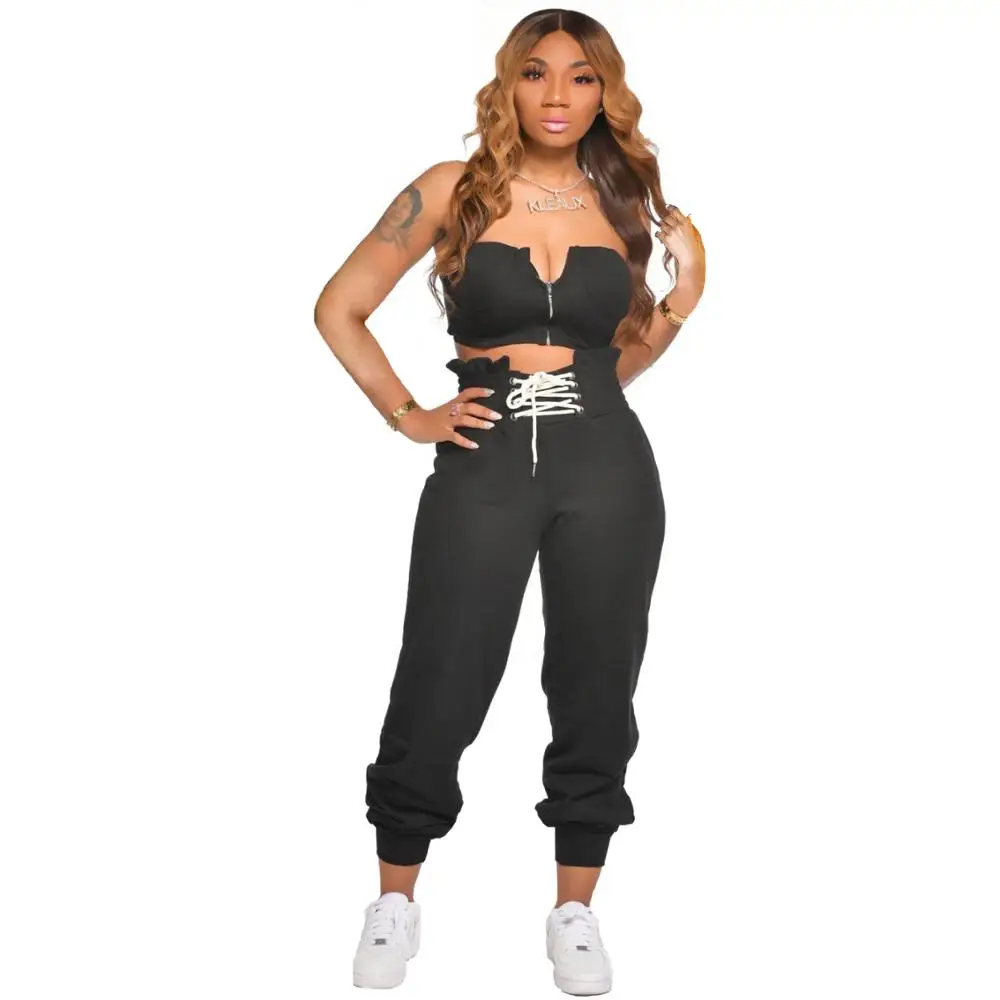 

Spring and summer new home leisure matted trousers solid color agaric zipper lace-up sexy and comfortable sports suit