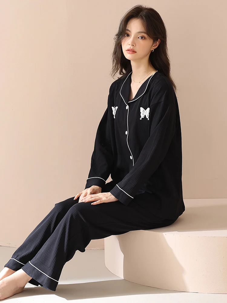 Spring Women Pajamas Sleepwear 2 Pcs Pure Cotton Butterfly Decoration Bowknot Turn-down Collar New Purple Nighty For Girls Pants