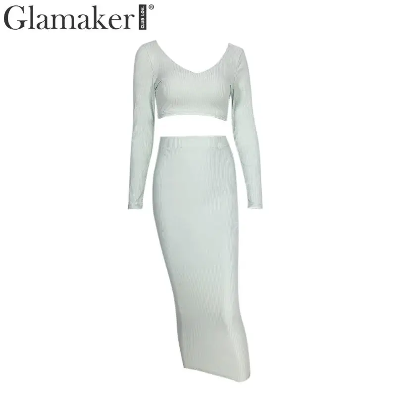 Glamaker вязаный костюм из двух частей белое платье Макси женское сексуальное облегающее платье с длинным рукавом и v-образным вырезом женское осенне-зимнее вечернее платье