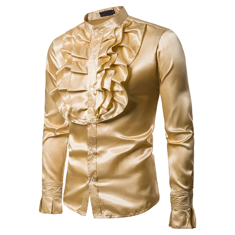 Gold Silk Satin Shirt Men 2023 Fashion Vintage Wedding Tuxedo Shirt Mens Long Sleeve Slim Fit Shirts Camisa Social Masculina XXL