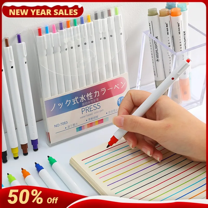 

12 Colors Simple Touch Watercolor Pen Elementary School Art Highlighter Set Kindergarten Painting Graffiti Water-based Color Pen