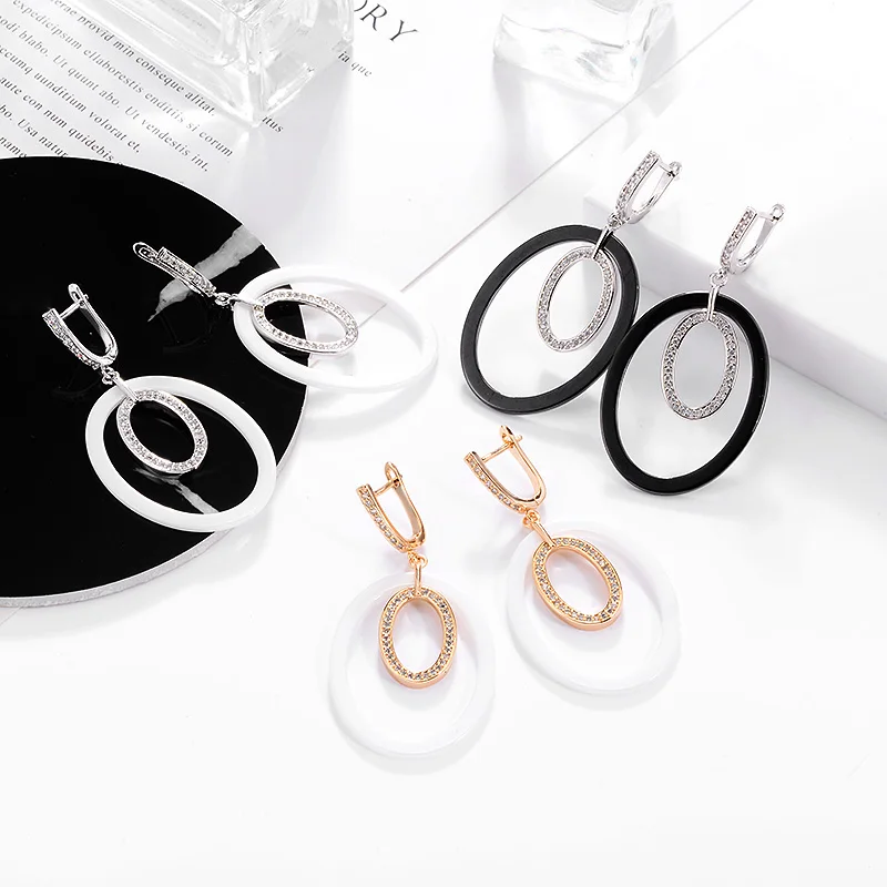 Женские керамические серьги с фианитом большие круглые золотого и серебряного