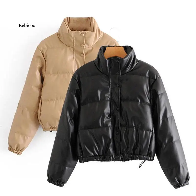 Winter Thick Warm Short Parkas Women Fashion Black Pu Leather Coats Women Elegant Zipper Cotton Jackets Female Ladies