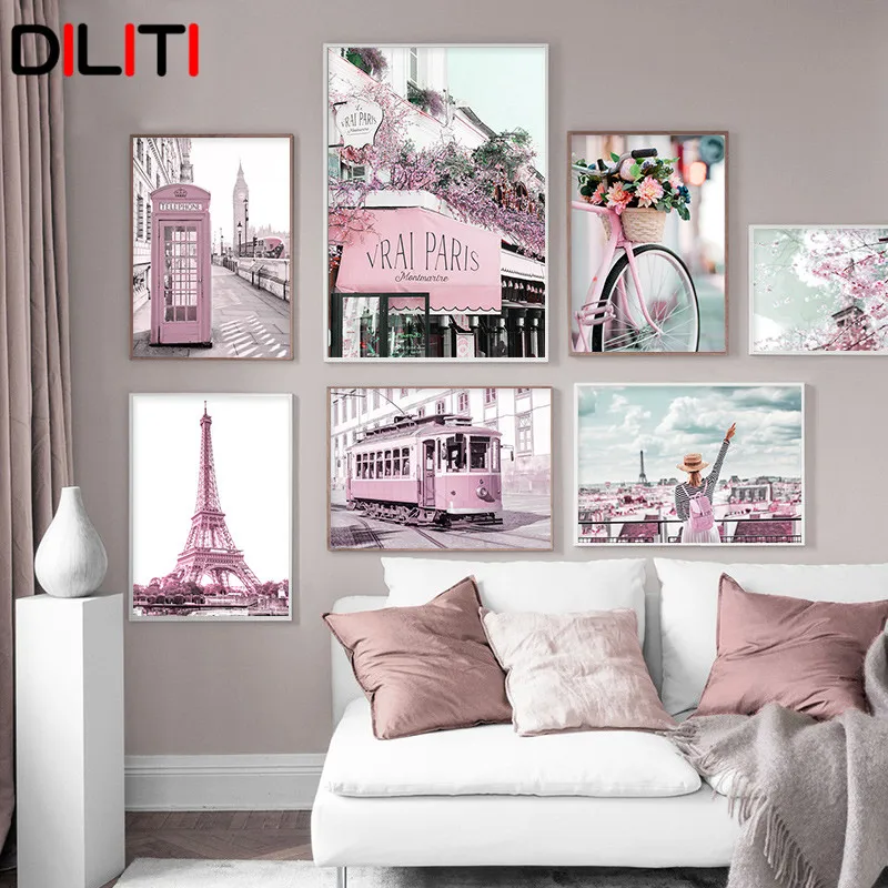 

Pink Cherry Blossoms Paris Tower Traval Wall Pictures Tram Telephone Booth Canvas Painting Nordic Posters and Prints Home Decor