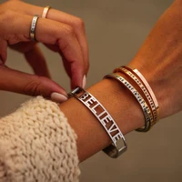stainless steel mantra cuff bangles engraved positive inspirational words hollow out alphabet letter bangle femme bijoux sl 171