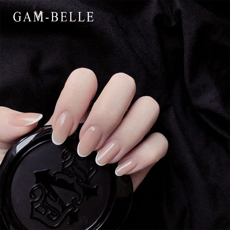 

GAM-BELLE French False Nails Nude Pink Glossy Artificial Press On Nails White Tips Ellipse Shape Short Fake Nail DIY Manicure