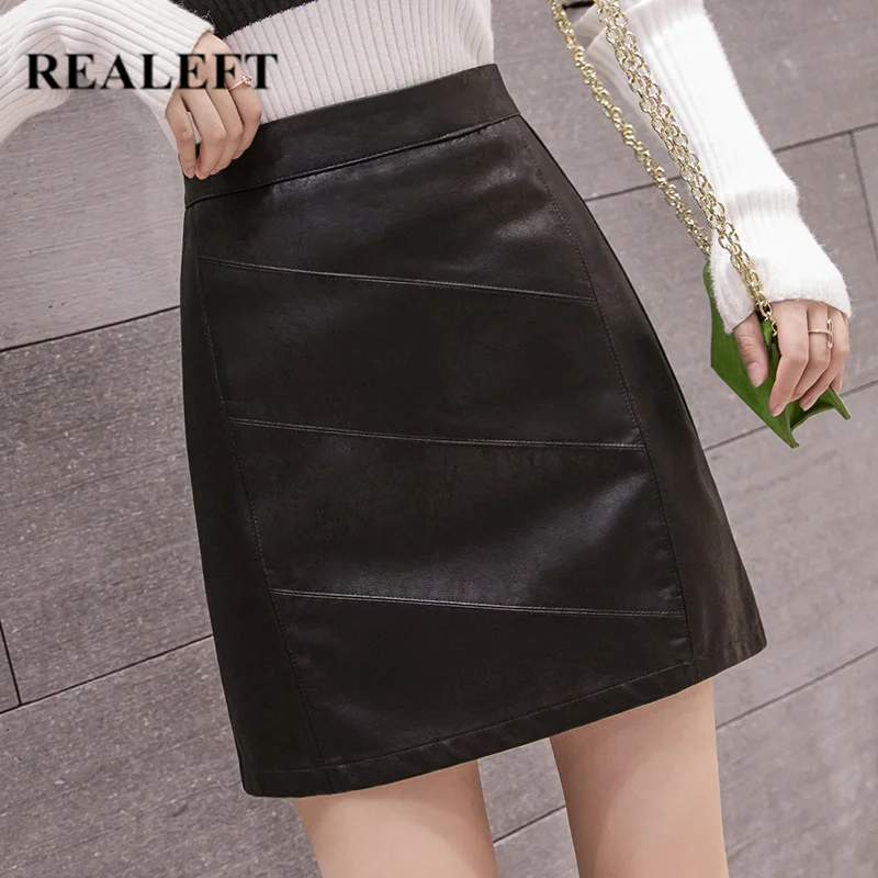

REALEFT Autumn Winter Vintage Black PU Leather Wrap A-Line Skirts Solid Women's Skater Skirts High Waist Sexy Mini Skirts Female