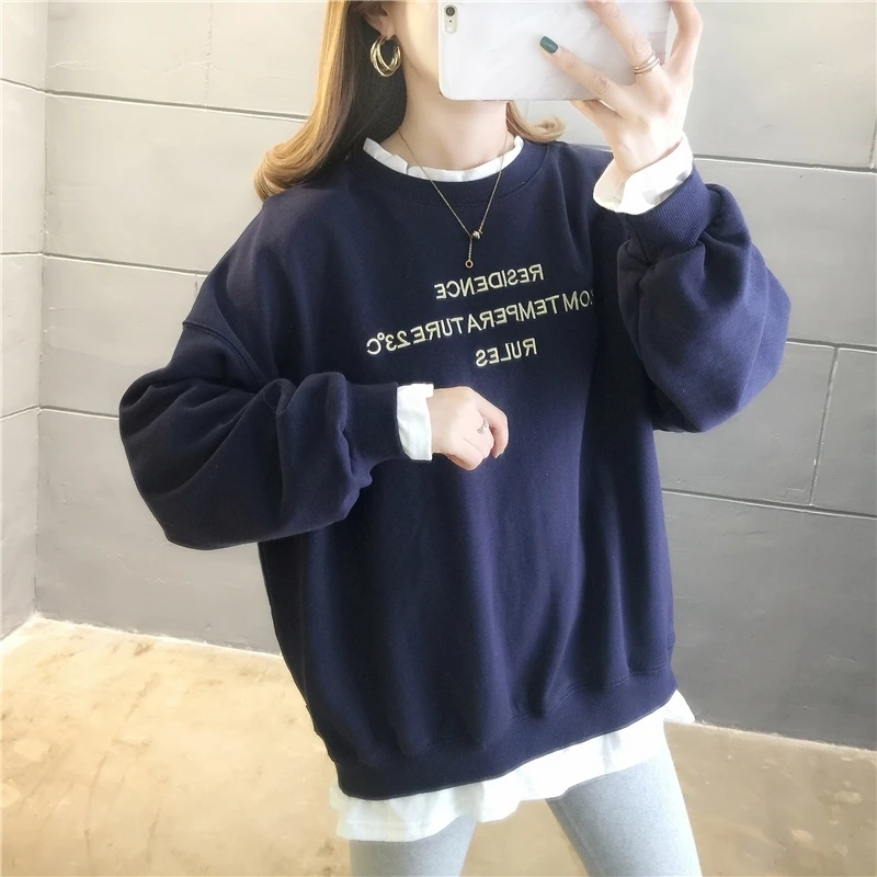 

2020 Spring and Autumn New Korean Style Large Size Loose Fat Girl Letter Embroidery Fake Two Thin Sweater Women's Top Fashion