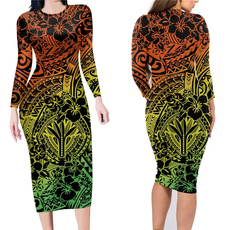 

Elegant Maxi Bodycon Dresses for Women Colorful Casual Polynesian Print Long Sleeve Dress Female Loose Sundress 2022 Spring