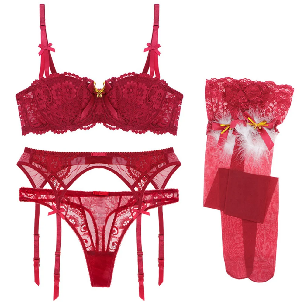

Sexy Red/ White Color Women Lingerie Sets Push Up Plunge Underwear Lace Thong 4Pcs Bras+Panties+Garters+Stockings Christmas Suit