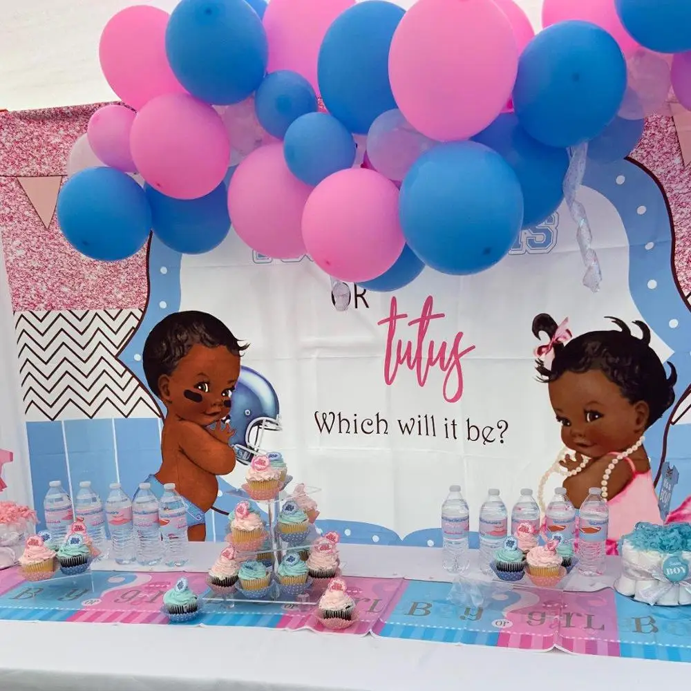 Mocsicka Touchdowns or Tutus Gender Reveal Backdrop Blue Pink Boy Girl Photography Background Baby Shower Party Banner