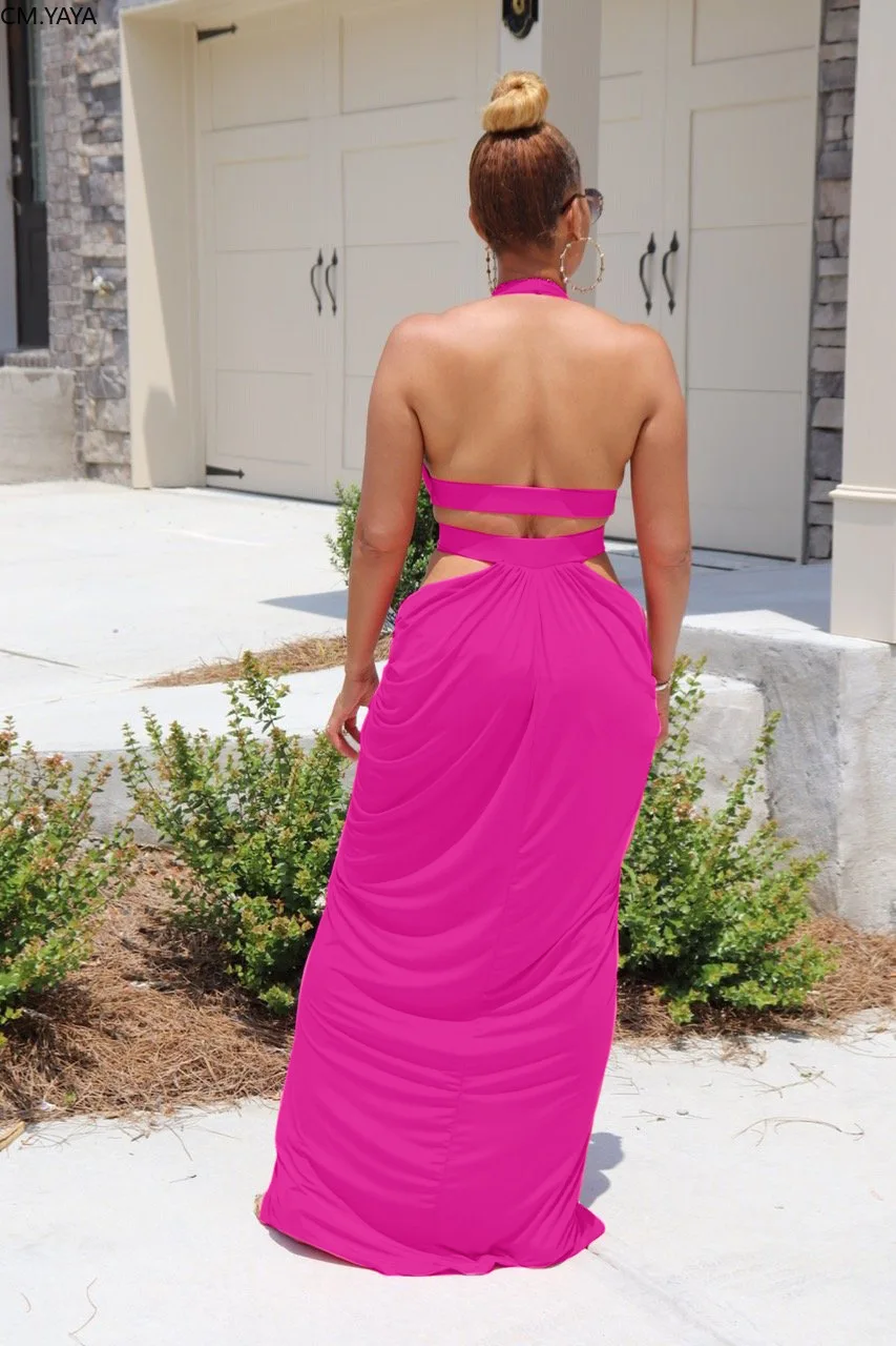 CM.YAYA Women Halter V-neck Open Back Split Irregular Maxi Dress Sexy Party Club Floor Length Beach Long Dresses Vestidos | Женская