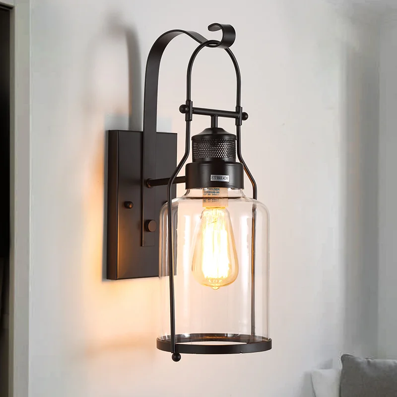 

American Retro Iron Glass Wall Lamp Loft Living Room Bedroom Restaurant Background Corridor Lamp Cafe Balcony Sconce Bar Light