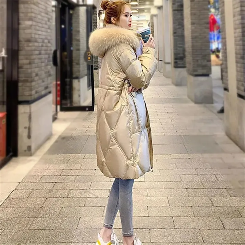Winter Women's Parker Cotton Clothing New Shiny Solid Color Hooded Fur Collar Loose Zipper Drawstring Long Sleeve Coat Jacket