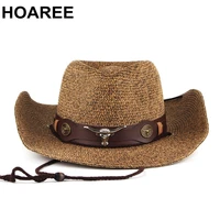 hoaree cowboy hat mens sun hat wide brim fedora hat belt decorate beach straw hat for men uv protection cap chapeau femme