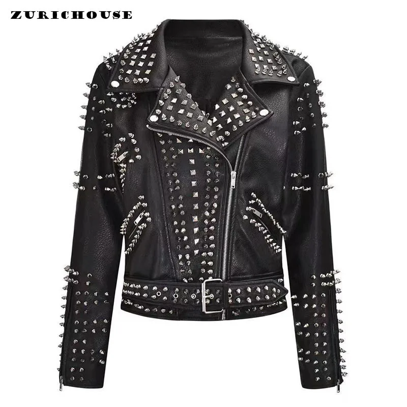 Фото Женская кожаная куртка ZURICHOUSE с заклепками в стиле стимпанк-рок облегающая