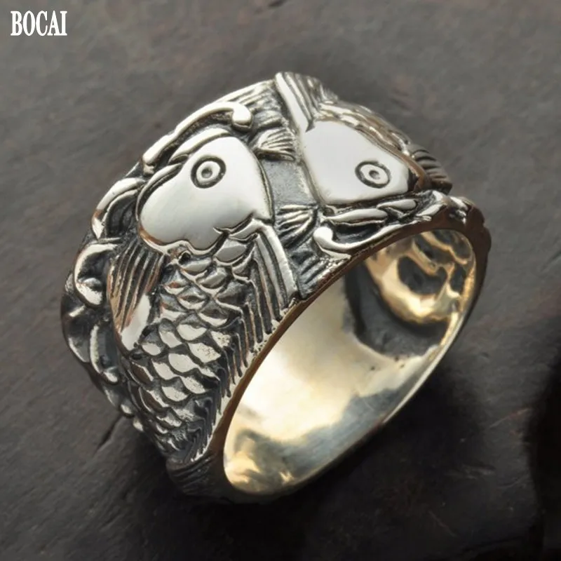 

BOCAI New 100% s925 Silver Jewelry Stylish Personality Pisces Playing in the Water Happy Couple Man and Woman Ring
