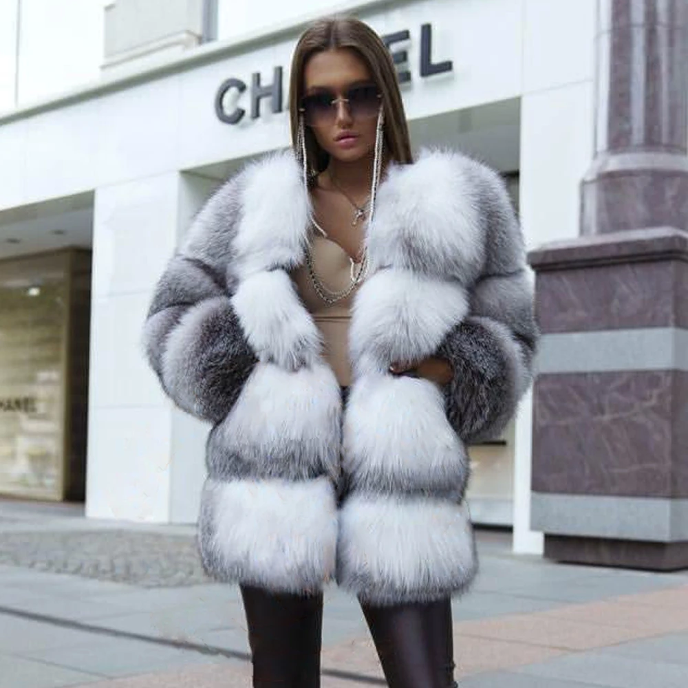 Mid-length Natural Cross Fox Fur Jacket Round Collar Winter Fashion Woman Whole Skin Genuine Fox Fur Coat Female Outwear Trendy
