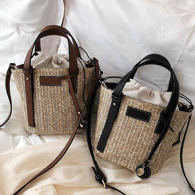 

Ручная работа, новые летние сумки-ведра через плечо, женские дизайнерские сумки через плечо из ротанга, модная трендовая Женская пляжная су...