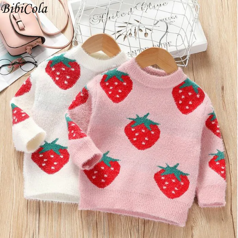 

BibiCola Baby Girls Knitted Sweater Winter Autumn Long Sleeve Warm Half High Collar Cute Strawberry Print Kids Sweater 3-7Y