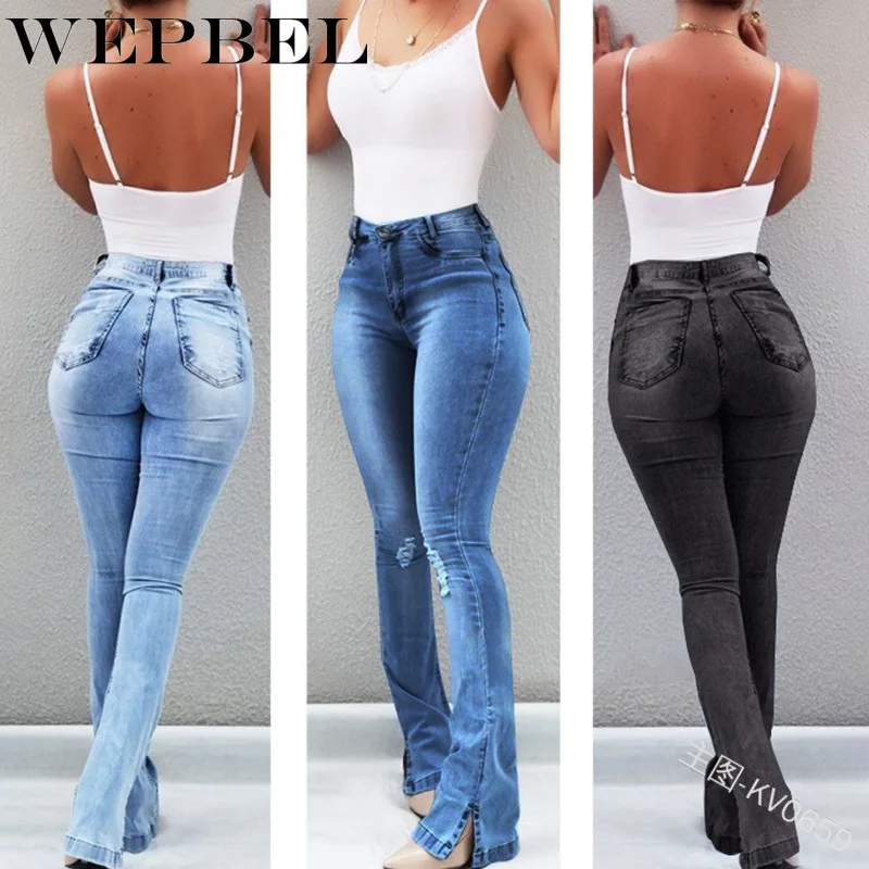 

WEPBEL Female Casual High Waist Flare Ripped Jeans Women Cowboy Denim Long Pants Split Bell-bottom Trousers for Feminino