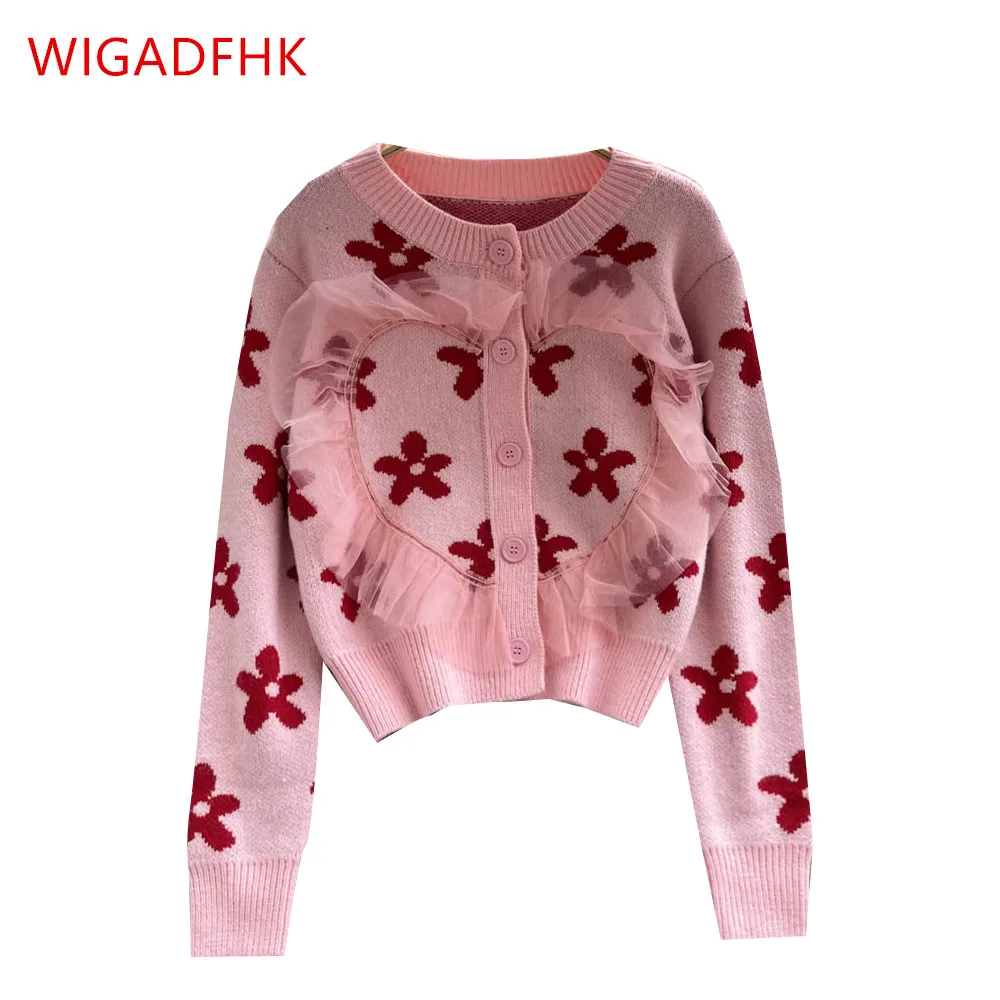

Sweet Mesh Ruffled Love Knit Cardigan Women's 2022 High-end Korean Fashion High-waist Short Sweater Thin Cardigan Sweater Top