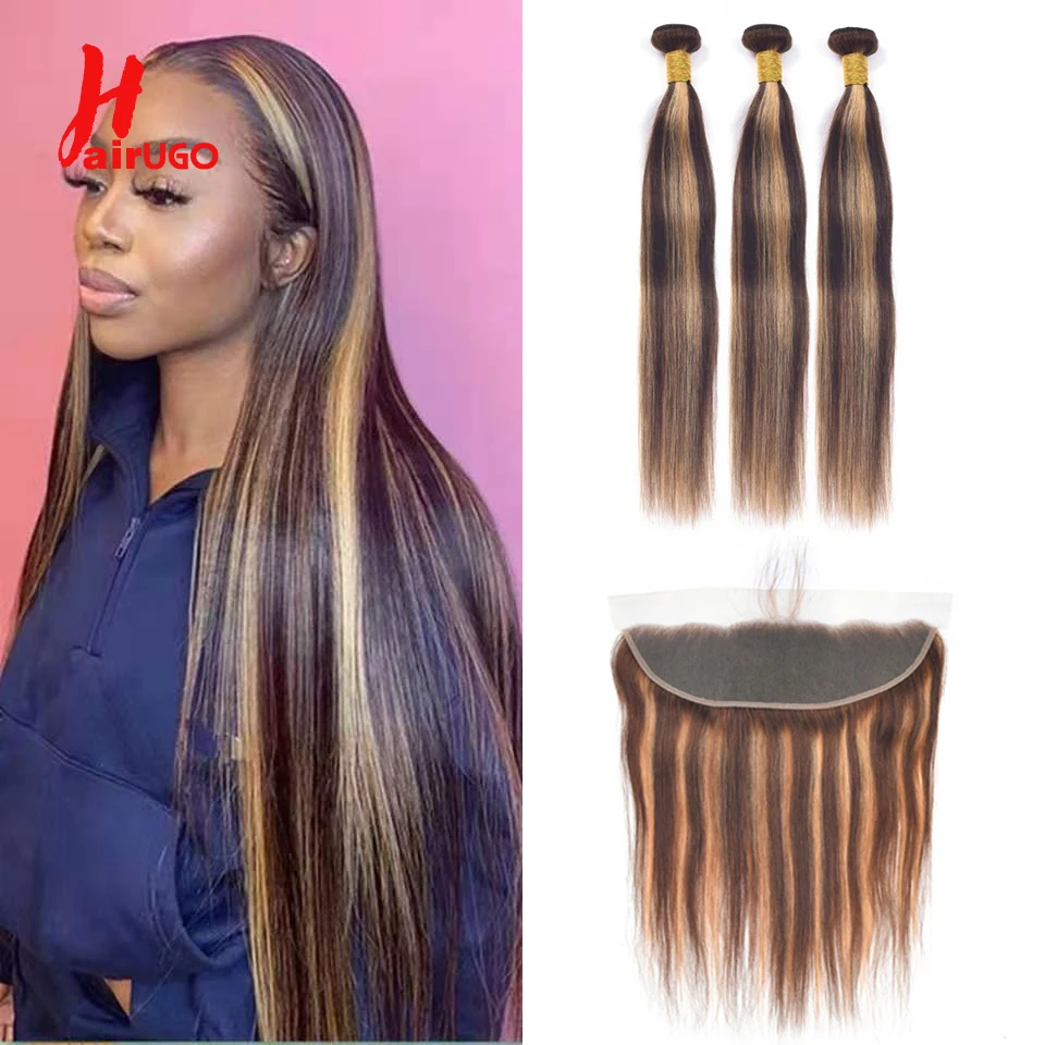 HairUGo P4/27 Highlight Brazilian Human Hair Bundles With 13x4 Lace Frontal Remy Straight Colored Lace Front With Hair Weaving