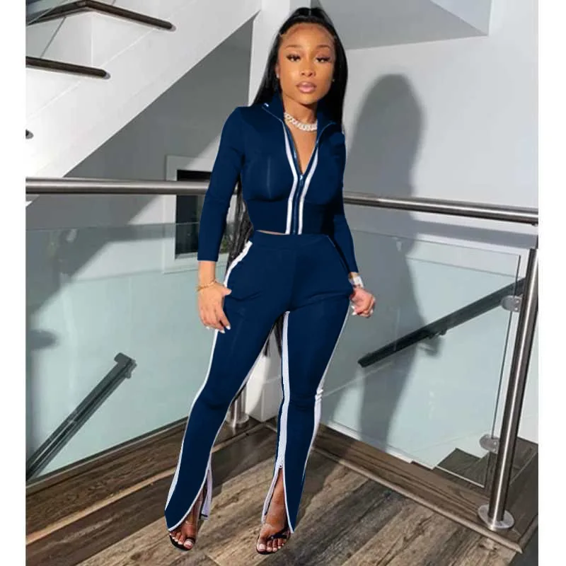 

Women Sportswear Patchwork Two-Piece Set Casual Ladies V-Neck Zip Full Sleeve Coats Top High Waist Split Harem Pants Tracksuits