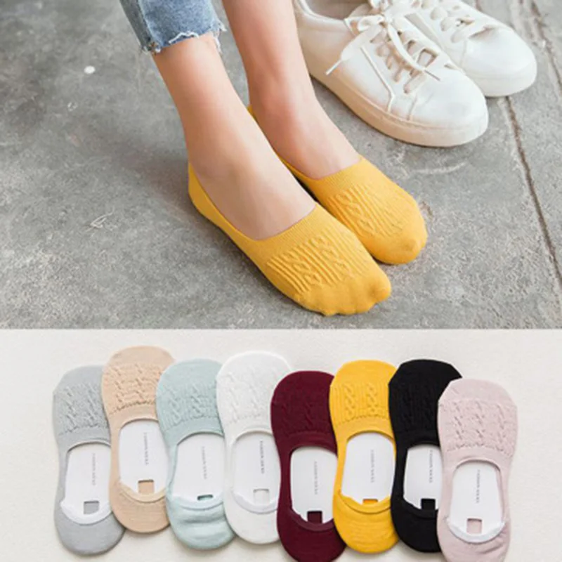 

5 Pairs Women Cotton Low Cut Socks Solid Snowflake Softable Summer Silicone Non-slip Deep Mouth Prevent Heel Loss Slipper Socks