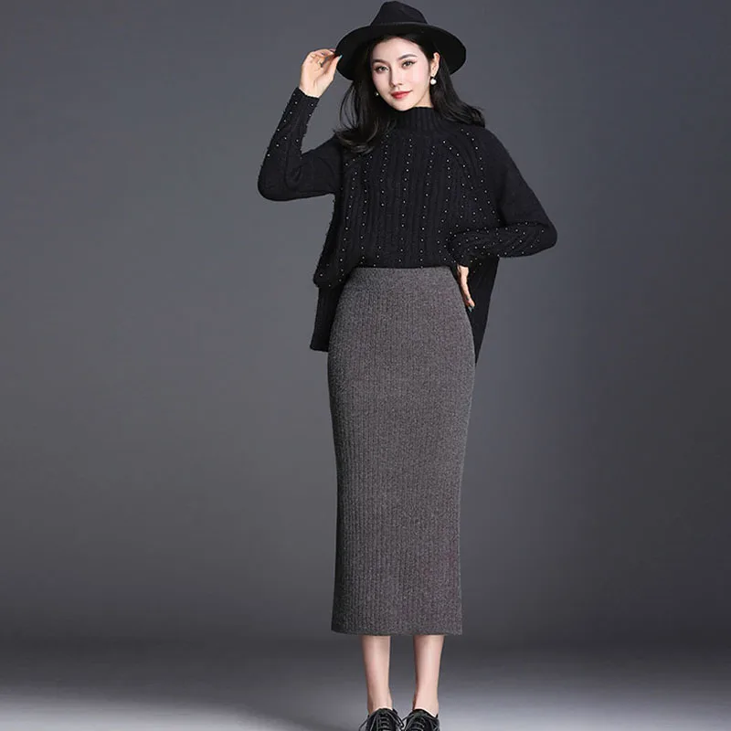 Осень Зима Новая высокая поясная сумка вязаная шерстяная юбка длинная удобная