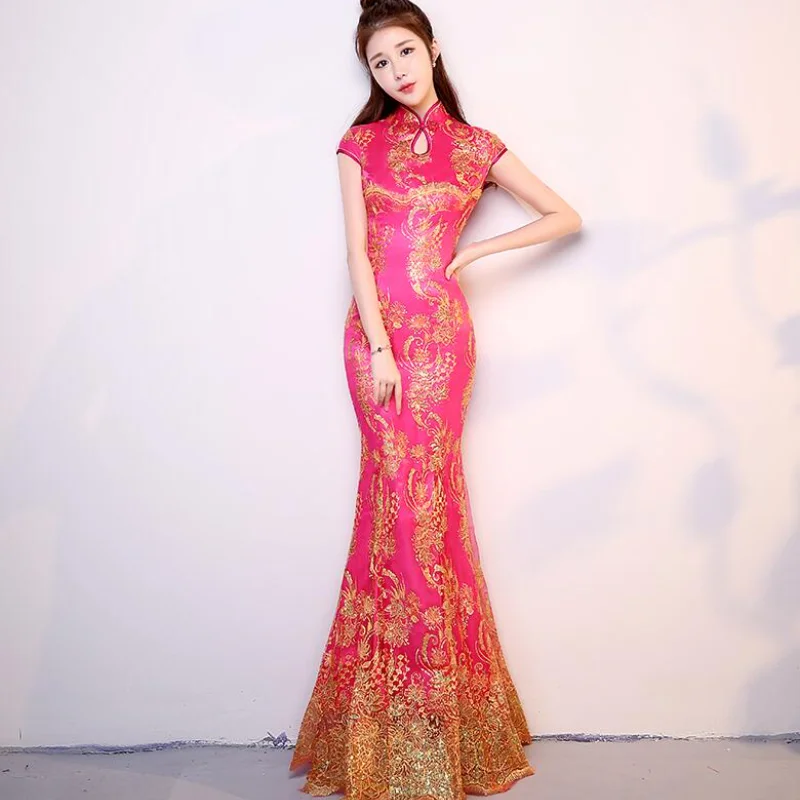 Женское Красное китайское свадебное платье Ципао женское с коротким рукавом