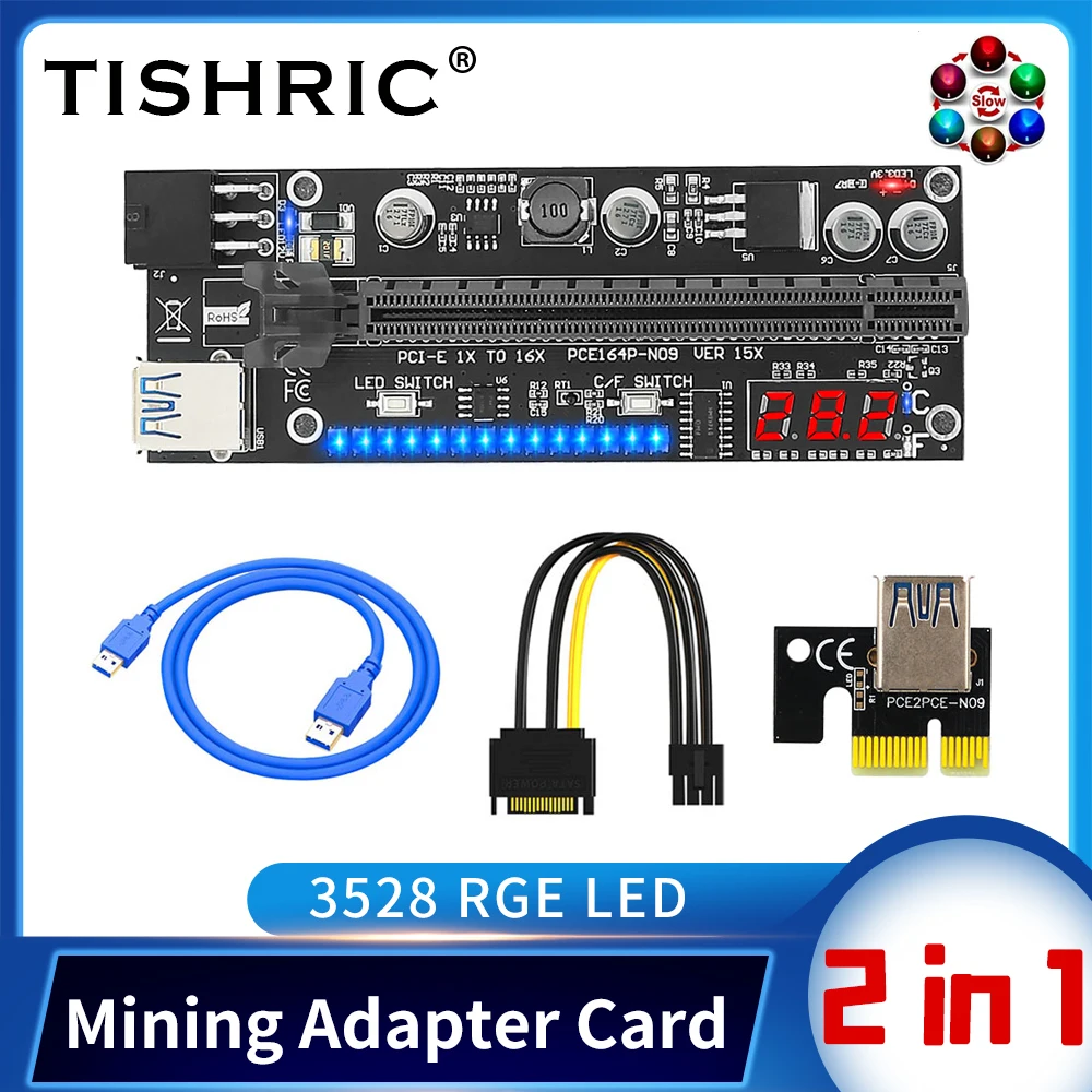

Адаптер для майнинга TISHRIC 2 в 1, 3528 RGB светодиодный с индикатором температуры, PCIE Riser 015X, кабель Райзера PCI-E 16X, Райзер для BTC