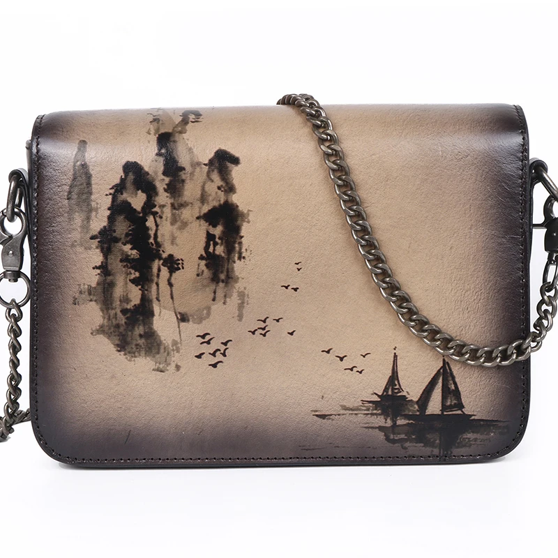 Женская сумка из натуральной кожи откидная в китайском стиле с чернильным