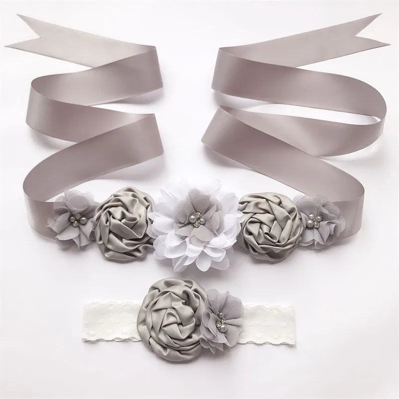 Cintur&oacute;n de encaje de flores para maternidad, banda de apoyo para fotos, cinta de perlas para el embarazo, 2 unids/set por Set-4