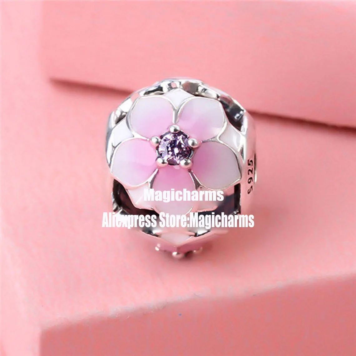 

925 Sterling Silver Magnolia Bloom With Pink Enamel and Cz Charm Bead Fits All European Pandora Bracelets Necklaces