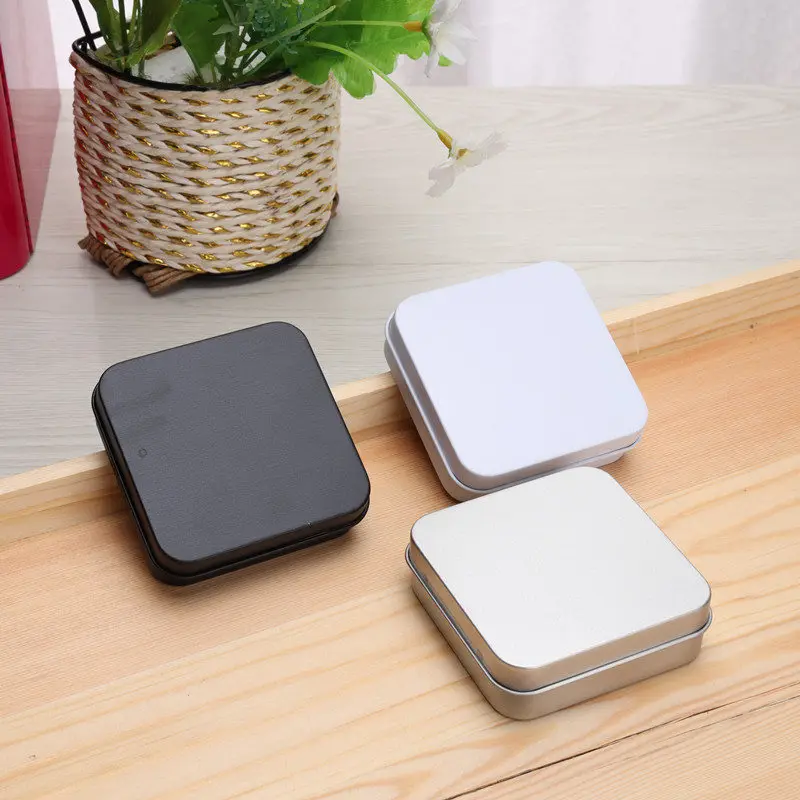 

Free shipping 100pcs Plain black white silver tin box 7*7*2.3CM Rectangle tea candy business card usb storage box case NO11