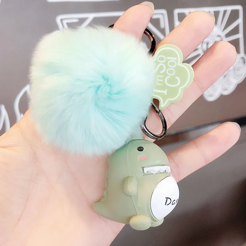 

Korea Cute Fur Ball Dinosaur Doll KeyChain Fashion Cartoon Student Bag Car Key Ring Creative Gift Pendant Accessories