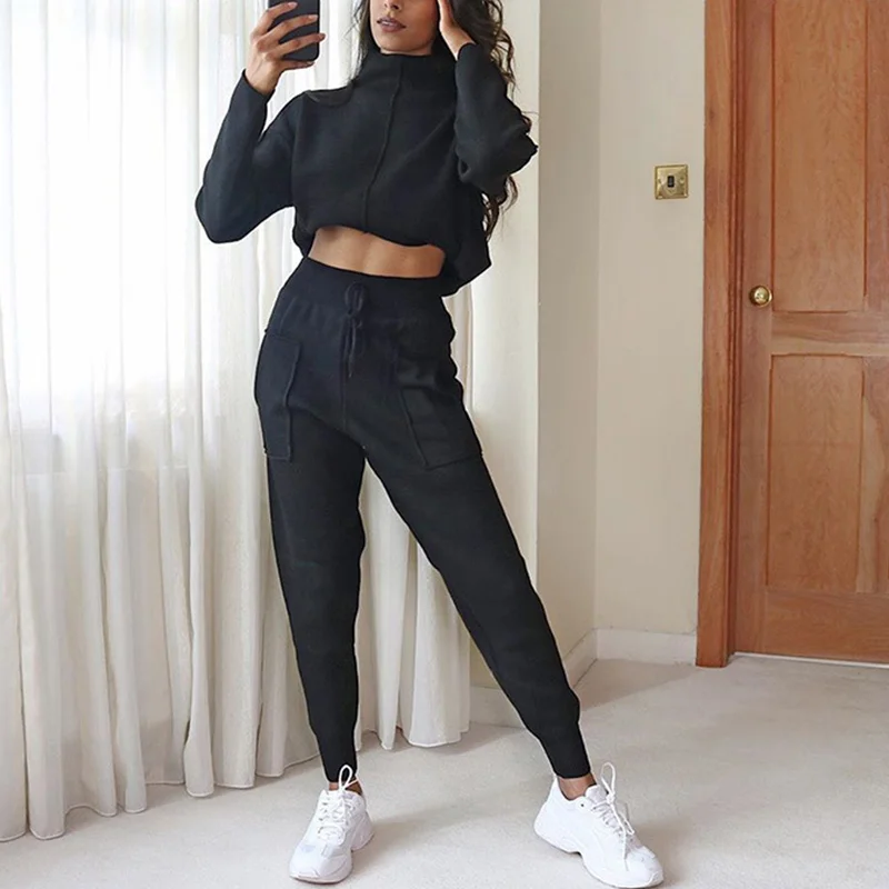 

Women Turtleneck Cropped Pullovers Trousers Set 2021 Autumn Lace Up Patchwork Pocket Sweatpants Sets Ladies Casual Fashion Suit