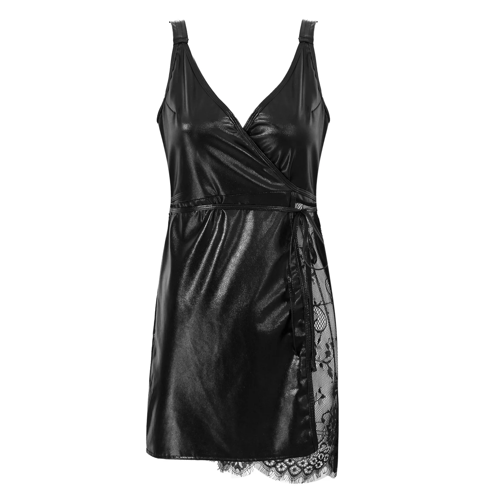 Черное женское платье из лакированной кожи прозрачные кружевные лоскутные